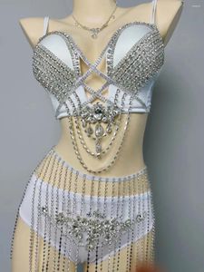 Stage Wear Adult Clubwear Gogo Dance Clothing White Sexy Chain Bikini Music Festival Costume Nightclub Rave Pole