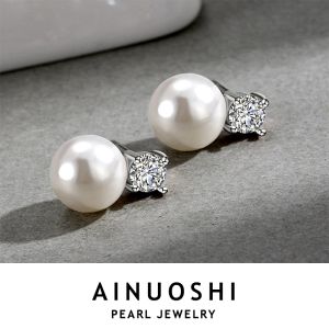 Серьги Ainuoshi 925 Серебряные серебряные серьги стерлингов Простые изысканные натуральные пресноводные 9 -миллиметровые серьги из белой жемчужины для женщин жемчужины