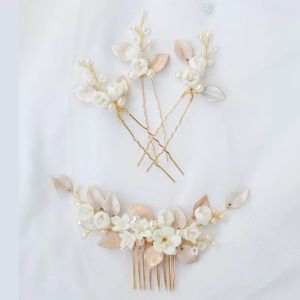 Smycken floralbride handgjorda ceram blomma sötvatten pärlor brud hår kam hår stift set bröllop headpieces kvinnor hårtillbehör