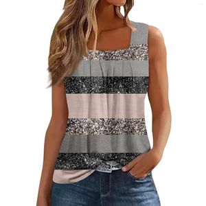 Tanques femininos Pleated Pleed Square Collar Mleesess Print T-Shirt Moda e Mulheres Simples Camisetas para Mulheres para Feminino