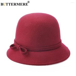 Basker Buttermer Wool fedora hatt kvinnor vinröd eleganta damer kände bowtie brittisk stil vinter kvinnlig vintage topp multi färg