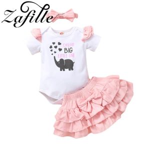 Set Zafille 3pcs per ragazze neonate abbigliamento body manica volare+abito tutu lettera di elefante stampato per bambini abiti da bambino outwear