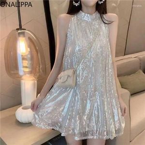 Casual Dresses Onalippa Sequined Shiny Mini Dress O Neck Sleeveless A Line Loose Mid-Längd Tank Top Fairy Off-Shoulder High Street