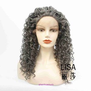 Chemical fiber wig fashionable dark gray small curly hair semi hand woven front lace headband style