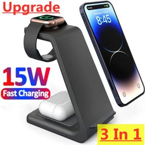 Laddare 15W 3 i 1 trådlös laddningsstativ för iPhone 14 13 12 11 XS XR X 8 Fast Charging Dock Station för Apple Watch 8 7 AirPods Pro