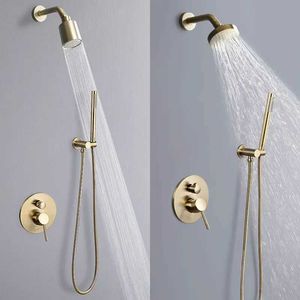 Badezimmer Duschsets Gold Wandmontage Duscharmatur Set 2-Wege Regendusche Handheld Dusche Kalt und heißer Mixer Wasserhahn Badezimmer Pinsel Gold Duschkit T240422