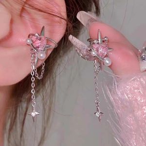 Серьги 1pcs Pink Crystal Heart Star Star Tassel Clip Clips для женщин Винтажные не пронзительные ушные манжеты Y2K Ювелирные ювелирные украшения