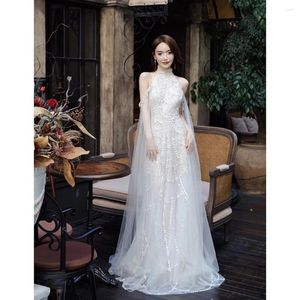 Casual Dresses Dingzhu Sequin Hanging Neck Flowing Sleeves Backless Ribbon Waist Cinched Mesh Drag Dress Socialite Banquet Evening Clothing