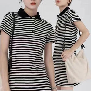 Kvinnors polos högkvalitativa damer Summer Short Sleeve Polo Shirt Stripe Dress Women Lapel Pure Cotton Casual Slim Brand Tennis Tops