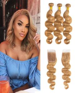 Body Wave 27 Colored Hair Bundles with Closure Malaysian Peruvian Brazilian Blonde Virgin Human Hair Weave with 4X4 Lace Closure7548092