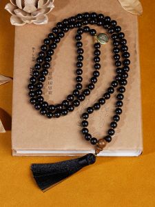 Halsband 8mm original ebenholts pärlor knutna japamala halsband svart tofs meditation yoga välsignelse smycken 108 mala rosenkrans, grossist