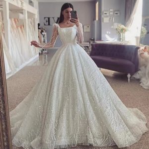 Elegant Sequined Ball Gown Wedding Dress 2024 Boat Neck Long Sleeves Lace-Up A-line Bridal Gowns Vestidos De Novia Arabic Dubai