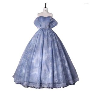 カジュアルドレスプロムラグジュアリーガウンアダルトセレモニーバースデーフロアの長さ刺繍花シフォンチェストTutu Blue Dress Women