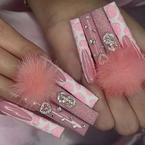 24st Full Cover False Red Rhinestone Planet Long Ballerina Coffin Nail Tips Soparble Fake Press On Nails Manicure