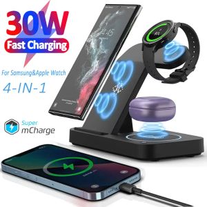 Laddare 30W Wireless Charger Stand 4 i 1 Qi Fast Charging Dock Station för Apple Samsung 4 3 Watch IWatch Airpods Pro iPhone 14 13 12