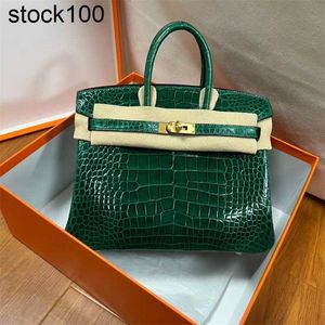 Crocodile Platinum Bag 2024 American Bay Crocodile Bag stor kapacitet Kvinnspåse Ink Green Bag Handmade äkta läder