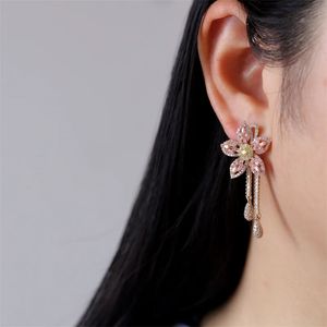 Pink Flower Drop Earrings For Women Gilr 925 Silver Needle Luxury Dangle Stud Earring Fine Jewelry Female Party Accessory 240422