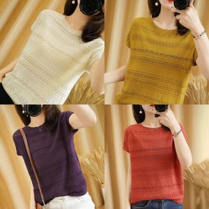 Cotton Pure T-shirt Women Summer Round Neck Pullover Pure Color Knitwear Plus Size Casual Sweater Short Sleeve Tees 220411