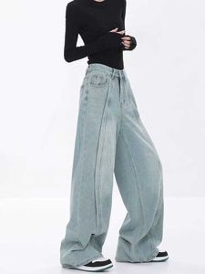 Women's Jeans Womens summer new blue vintage detergent jeans Strt style pockets high waisted bottom young girl casual Trousers womens wide leg pants Y240422