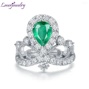 Pierścienie klastra Loverjewelry Diamonds Pierścień dla kobiet prawdziwy 18KT biały złoto prawdziwy szmaragdowy kamień zaręczynowy