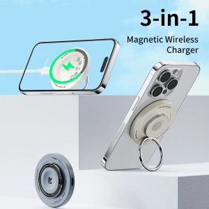 Chargers Rock 3 em 1 carregador sem fio magnético com suporte para anel para iPhone 15 14 13 Pro Max 15W Mini Charging Fast Pad for AirPods Iwatch