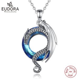 Necklaces Eudora Real 925 Sterling Silver Dragon Neckalce for Women Luxury Austrian Crystal Cool Dragon Pendants Necklaces Trendy Jewelry