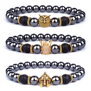 Bangle Vintage Hematite Owl Charm Bracelets Men Lava Stone Crown Warrior Helmet Bracelets & Bangles for Women Friendship Jewelry Gift