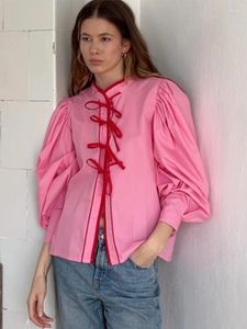 Frauenblusen elegantes Schnürhirt Frauen Langlanghafte Laternenhülle losen Standkragen Pink Mode Bow Shirts Frauen Bluse 2024 All-Match-Tops