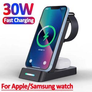 Carregadores 30W 3 em 1 carregador sem fio Stand para iPhone 14 13 12 11 Samsung S22 S21 Galaxy Apple Watch 8 7 6 Estação de dock de carregamento rápido