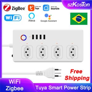 Plugs Brasilien Power Strip Zigbee WiFi Tuya Smart Plug Power Strip Extension Cord Surge Protector Smart Home Socket Work med Alexa