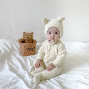 One-Pieces MiniAinis Autumn Winter Baby Mink Plush Romper Girls Cute Little Bear Jumpsuit Boy Wrapped Feet Climbing Suit Going Out Bodysuit