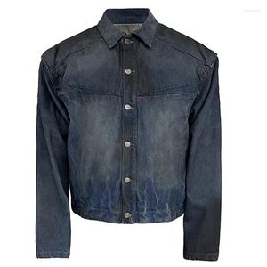 Herrjackor frys denimjacka tungvikt smutsig färgämne tvättade cowboy kappa män mörkblå löst jeans