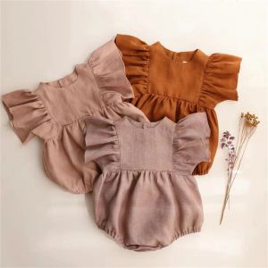 Enstycken ruffle hylsa bubbla playSuit vintage linne bomullsmittare flickor kläder sommar avslappnad baby jumpsuit barn kläder 024m