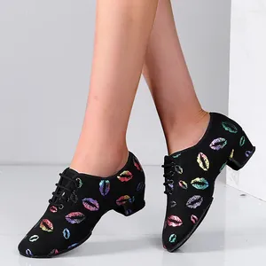 Dance Shoes High Heel Sneakers For Women Ballroom Latin Kids Adult Close Toe 3/5cm Training Lip Print