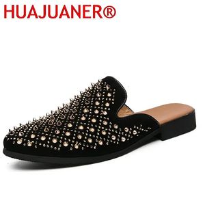 Shiny Gold Spiked Rivets Slippers Men Casual Shoes Punk Heavy Metal Fashion Dress Shoes Men Flats Slip On Half Shoes For Men 240409