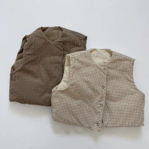 Mäntel 2022 Herbst neue Kinder Plaid Weste Mädchen Baby Retro ärmellose Strickjacke Tops Schichten Jungen Kleinkind Baumwolle Casupa Weste Coats