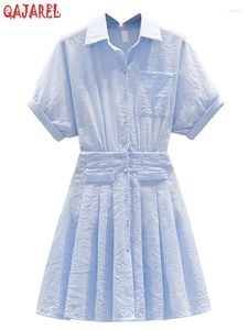 Party Dresses Women's Fashion Boycond Blue Stripe Casual Shirt Dress Holiday Elegant Chic 2024 Summer Korean Polo Midi