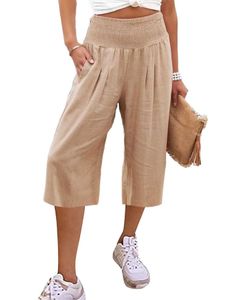 Calças femininas Capris Casual Algodão solto e calça de perna larga na altura da panturrilha com bolso de cordão para mulheres Y240422