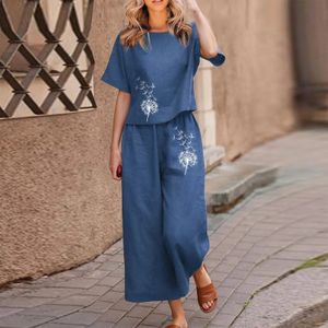 Bomullslinne Tvådelad kostym för kvinnor Fashion Ladies Short Sleeve Printed Blus Loose Comfort Croped Pants and Top Set 240418