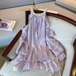 French Style High Grade Purple Pearl Halter Satin Dress For Women Summer Elegant Fairy Off Shoulder