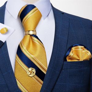 Bow Ties Men Tie Navy Gold Striped Business Formal Necktie Handkerchief Cuffinks Ring Set Jacquard Woven Silk Wedding DiBanGu