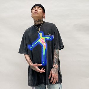 Abstract Printed Short Sleeve T-shirt for Men Washed To Make Old Loose Round Neck Half Sleeve Hip Hop Fashion Brand Five-quarter Sleeve