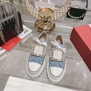 Thick Soled Slim Canvas 2024 Summer New Water Diamond Square Buckle Sponge Cake Sole Denim Lazy Shoes Single Shoe for Women