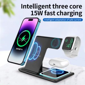 Chargers 15W 3 iPhone 14 için 1 Kablosuz Şarj Cihazı İstasyonu 13 Apple Watch AirPods Pro Iwatch 8 7 Hızlı Şarj Dock Stand Foldable Işık