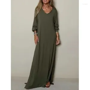 Abiti casual abiti a fessura a maniche lunghe per donne solide lady primavera estate sottile a v-scollo a colore semplice