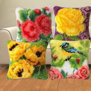 Kudde Flower Plants Series Handcraft Latch Hook Kits Diy Pillow Material Package Grovt ullsegment Broderi Klink Haak Kussen