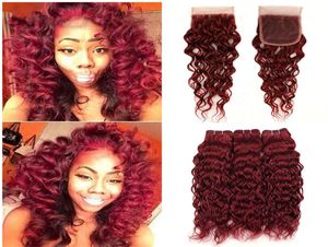 Cheap Peruvian Burgundy Hair Bundles with Full Lace Closure Wine Red 99J Water Wave Virgin Human Hair Weaves Wet Wavy With Closure9260014