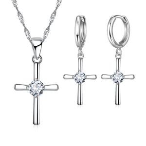 Halsband 925 Sterling Silver Stamped Halsband örhängen Cross Shape Classic Fashion Jewelry Set Cz Cubic Zirconia Party Unisex Wholesale