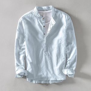 Stand collar pullover long-sleeved linen summer shirt men casual fashion shirts for men solid comfortable shirt mens chemise 240418