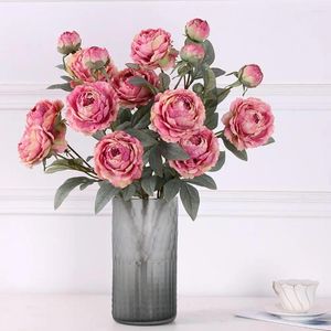 Decorative Flowers Artificial Flower Eco-friendly Fake Fadeless Fabric 3 Heads Simulation Peony Decor For Home